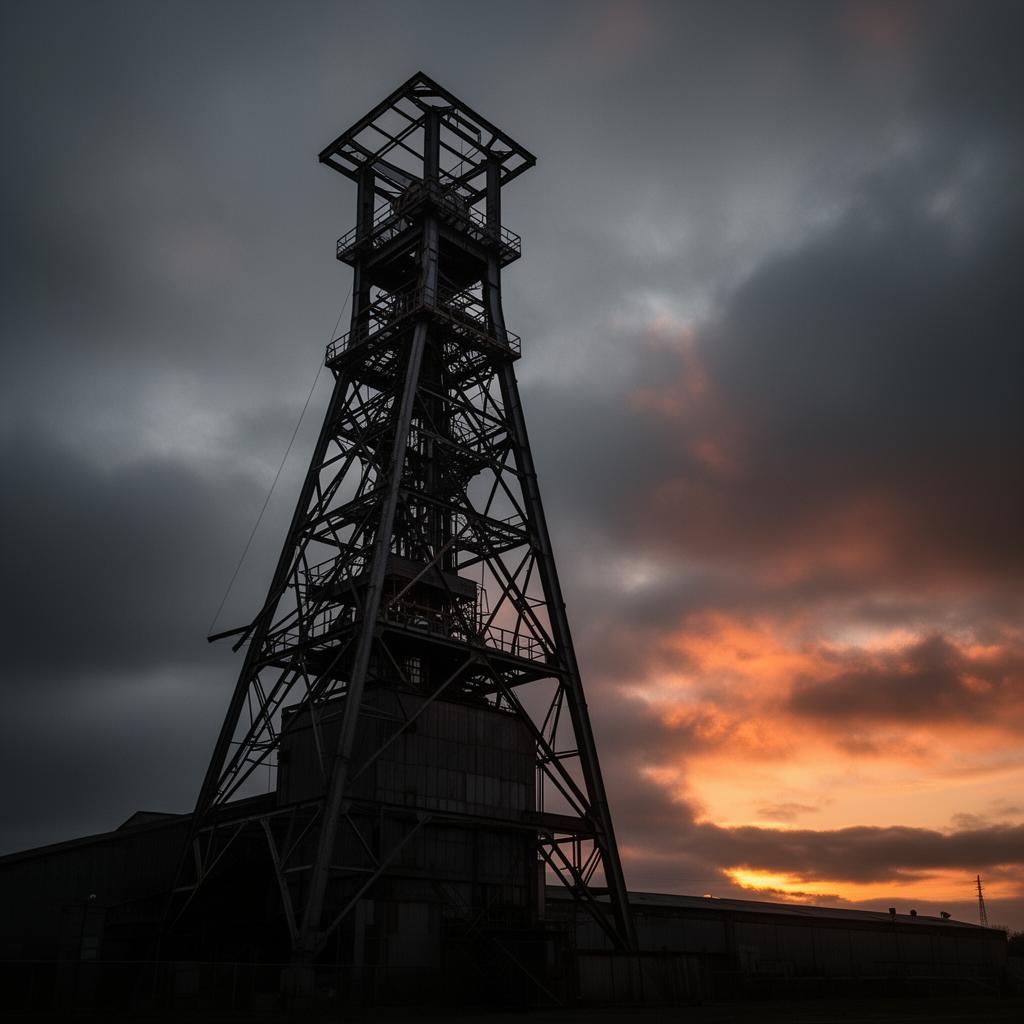 Mine shaft headgear silhouetted against a dusk sky